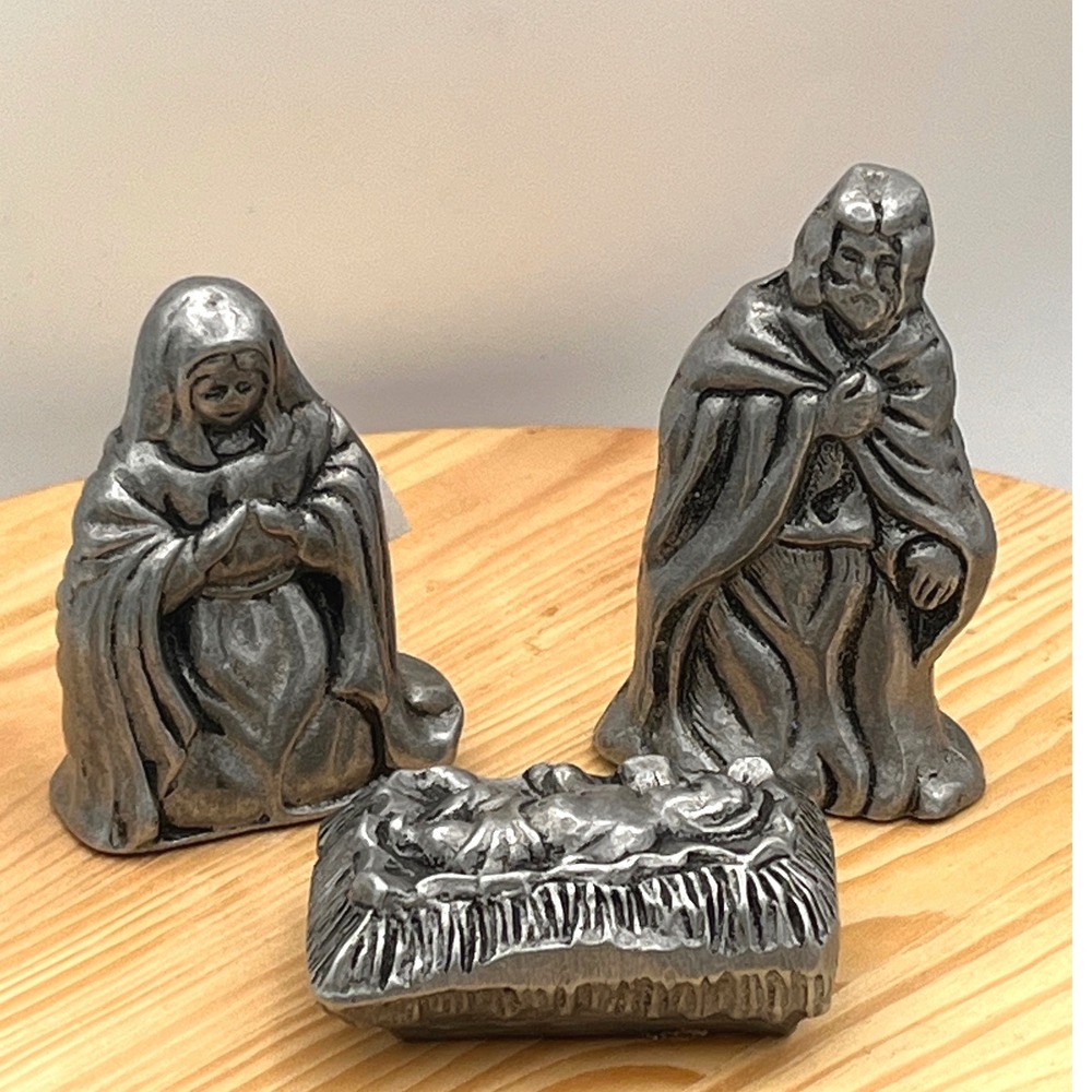 Vintage Pewter Nativity Set  3pc Mary, Joseph & Baby Jesus  80s Christmas